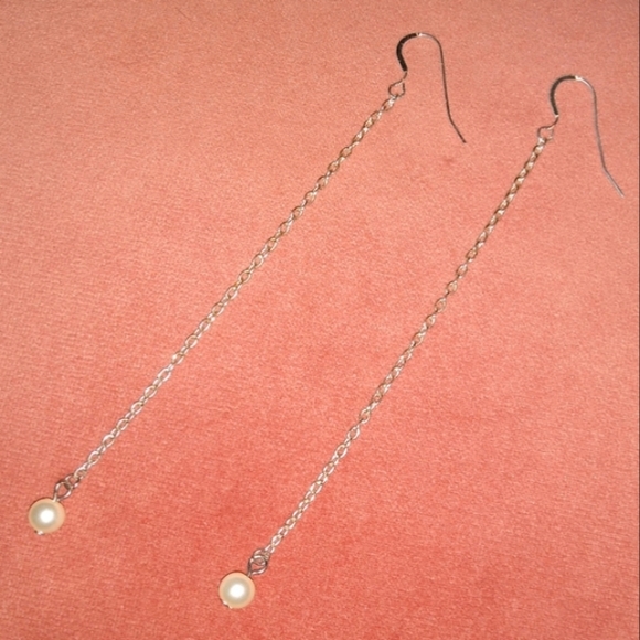 Long Pearl Chain Dangle Earrings Minimalist Solid 925 Sterling Silver Ear Wires - Picture 2 of 7
